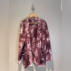 JoyLab 100% Cotton Tie Dye Open Front Cardigan Plum/White Small